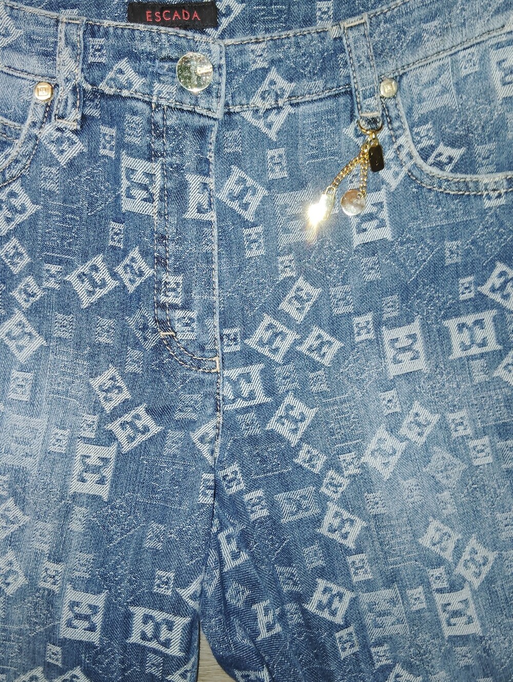 Escada RARE Monogram All Over Logo Jeans Straight Leg Gold Hardware Sz 36